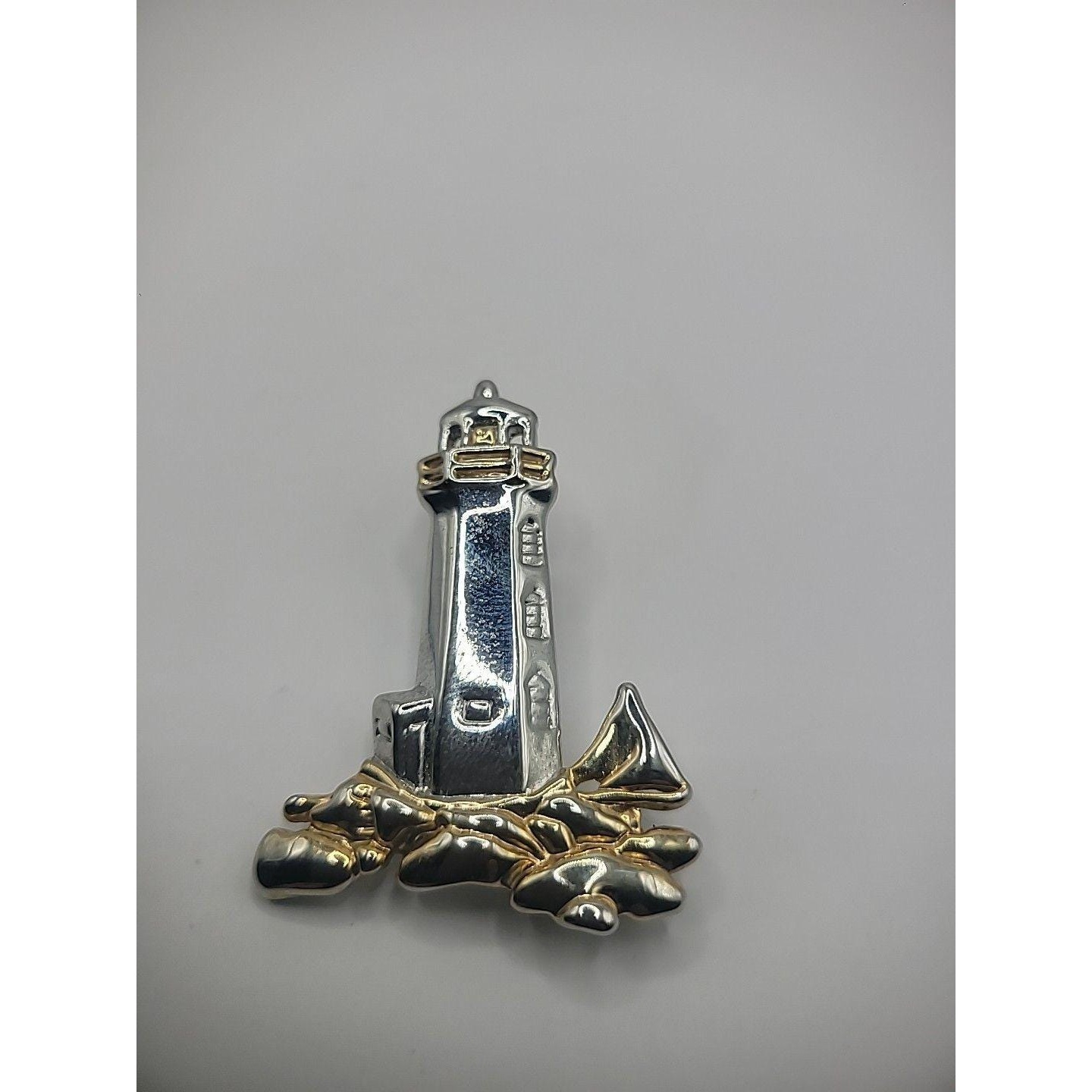 Vintage Brooch Pin Pendant Silver Tone Sailboat Rocks Silver Tone Gold Tone